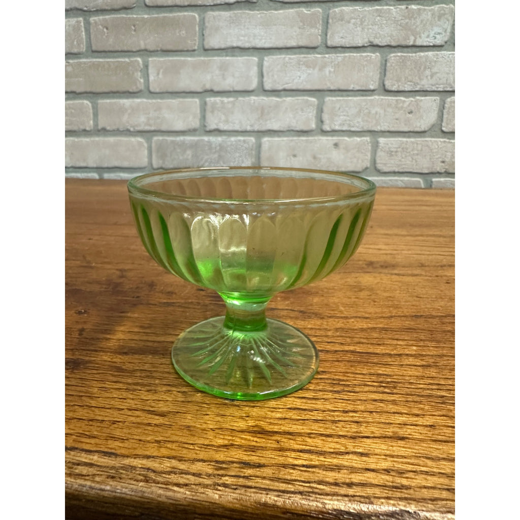 Vintage Hazel Atlas Ribbon Green Uranium Glass Footed Desert Sherbet Bowl Glows