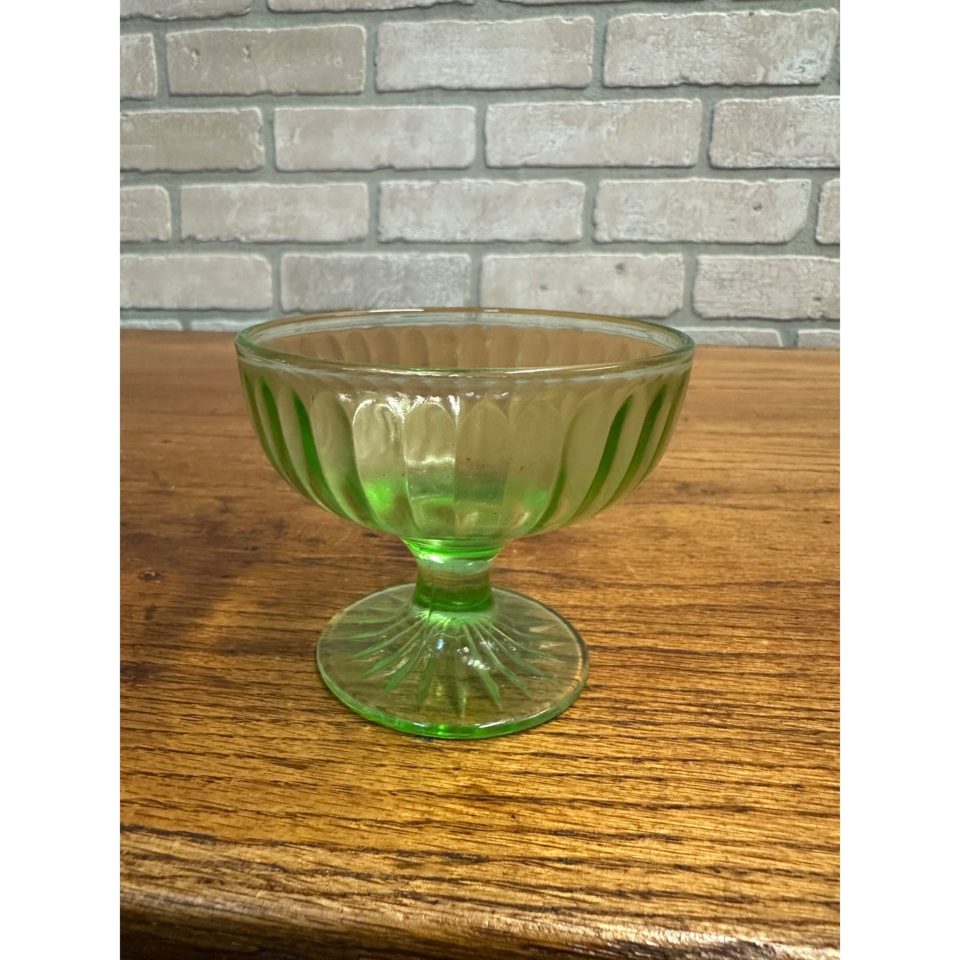 Vintage Hazel Atlas Ribbon Green Uranium Glass Footed Desert Sherbet Bowl Glows