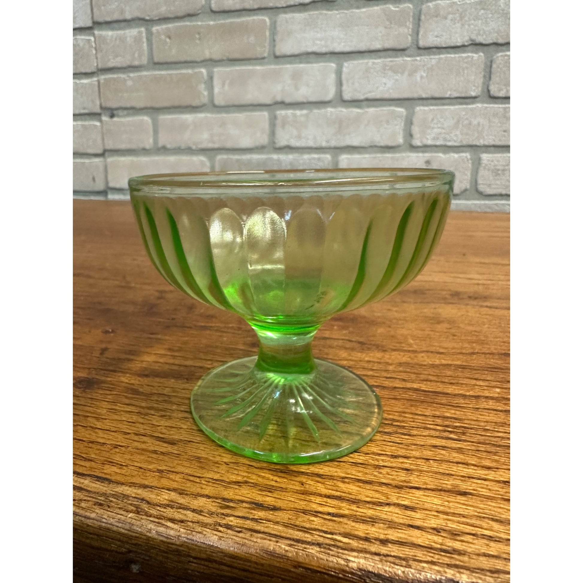 Vintage Hazel Atlas Ribbon Green Uranium Glass Footed Desert Sherbet Bowl Glows