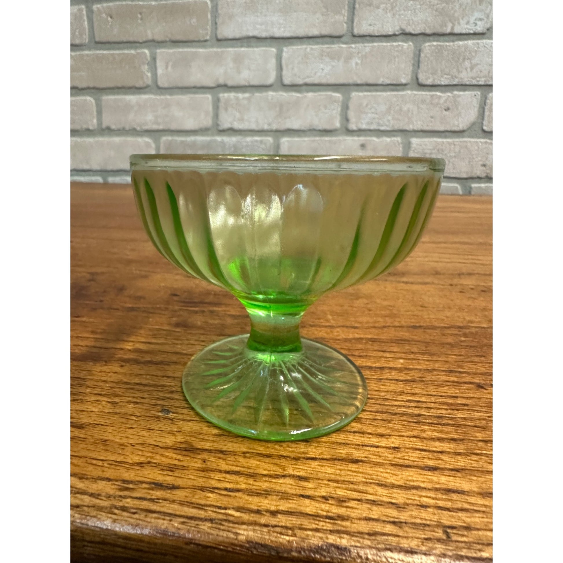 Vintage Hazel Atlas Ribbon Green Uranium Glass Footed Desert Sherbet Bowl Glows