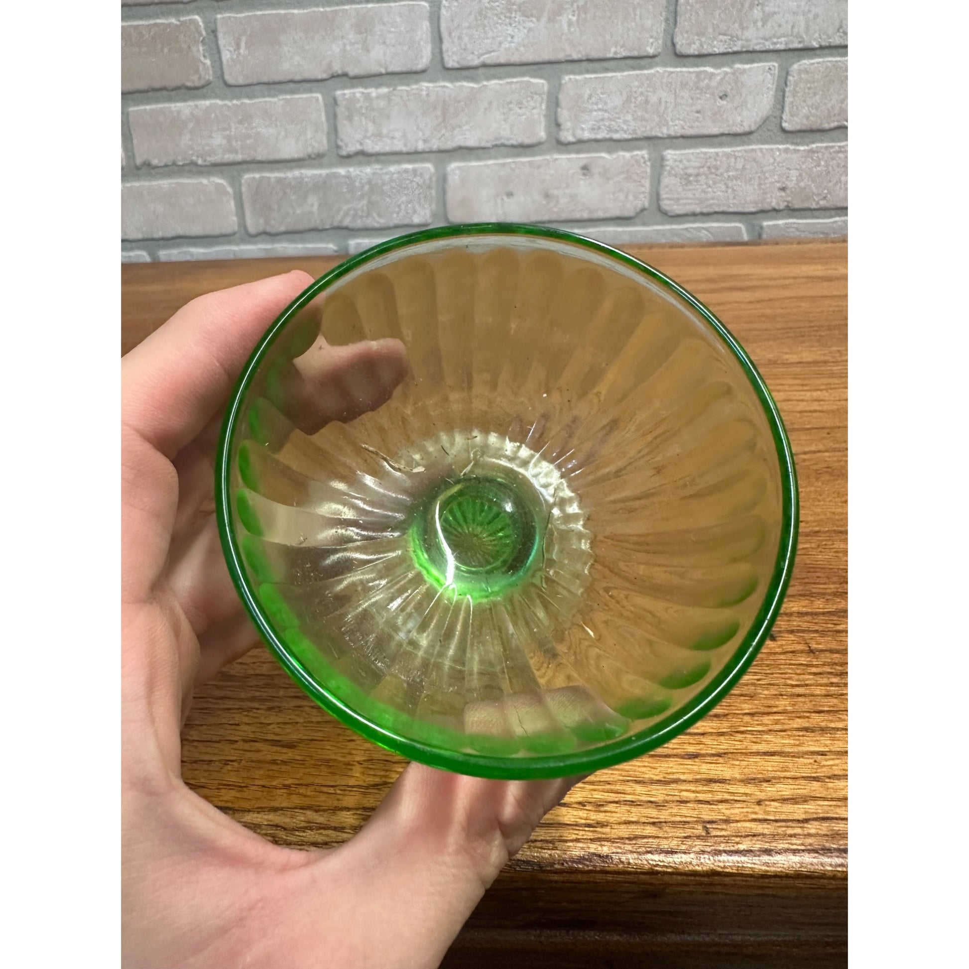 Vintage Hazel Atlas Ribbon Green Uranium Glass Footed Desert Sherbet Bowl Glows