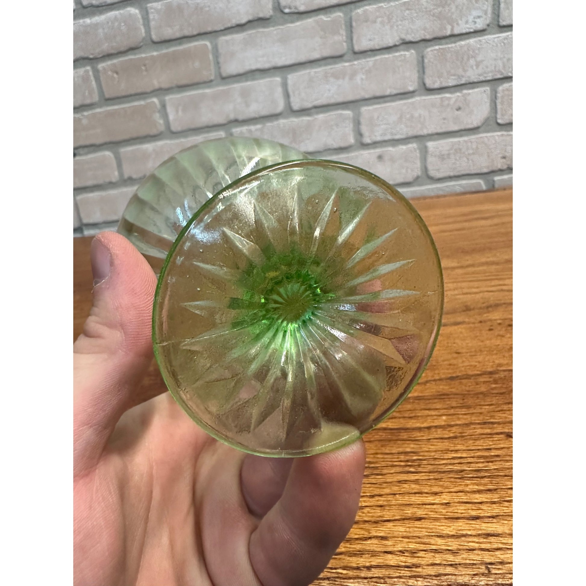 Vintage Hazel Atlas Ribbon Green Uranium Glass Footed Desert Sherbet Bowl Glows
