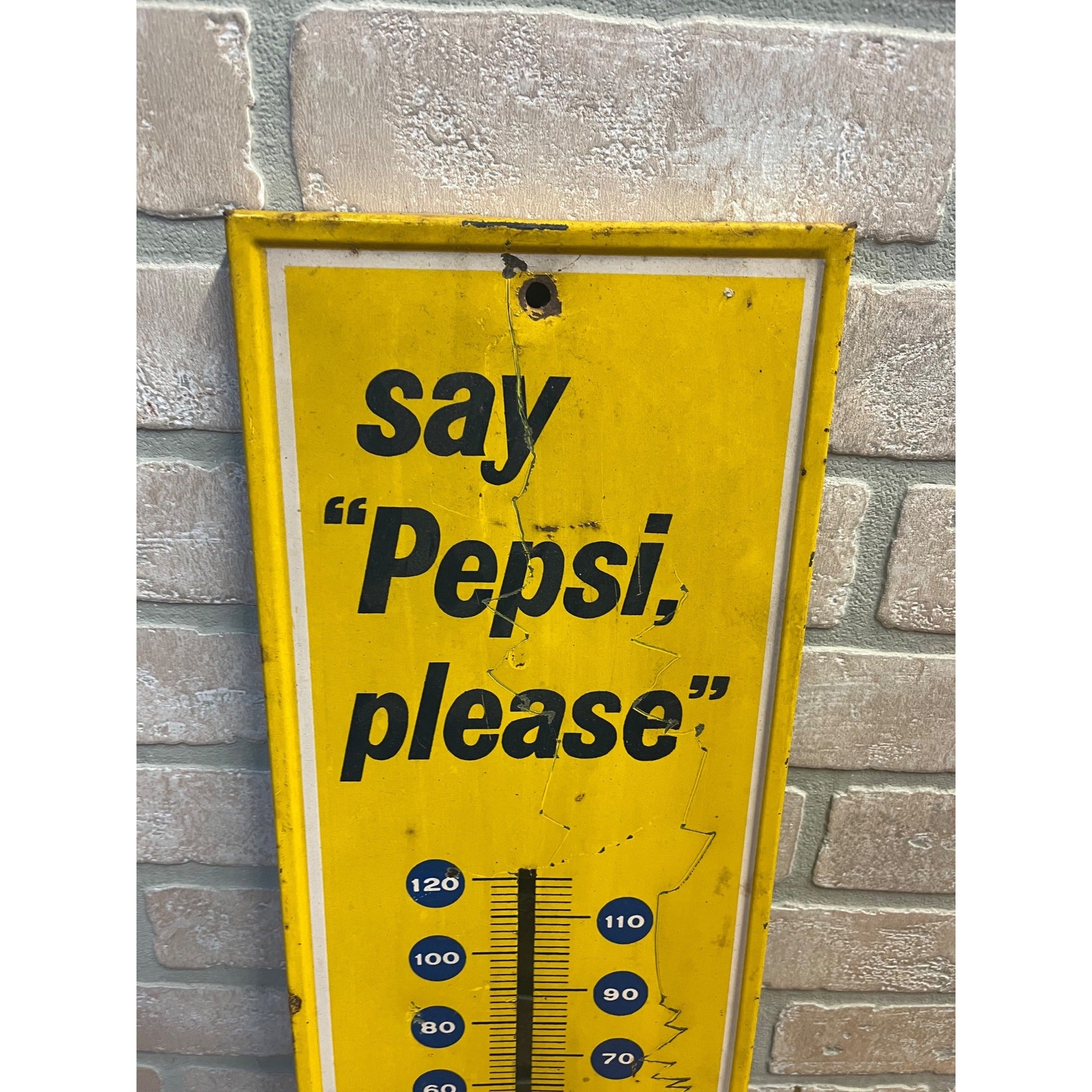 Vintage 1969 Say “Pepsi” Please Metal Yellow Advertising Thermometer Sign As-Is