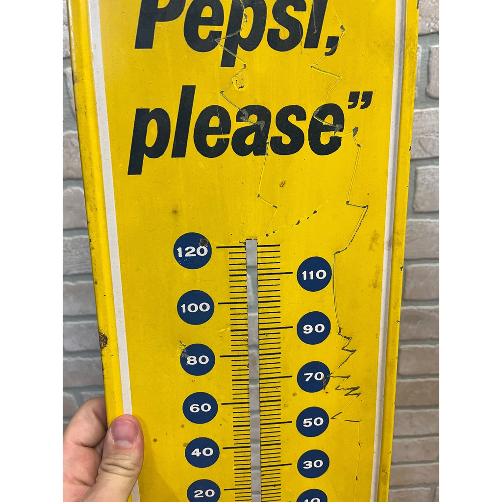 Vintage 1969 Say “Pepsi” Please Metal Yellow Advertising Thermometer Sign As-Is