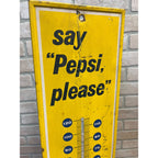 Vintage 1969 Say “Pepsi” Please Metal Yellow Advertising Thermometer Sign As-Is