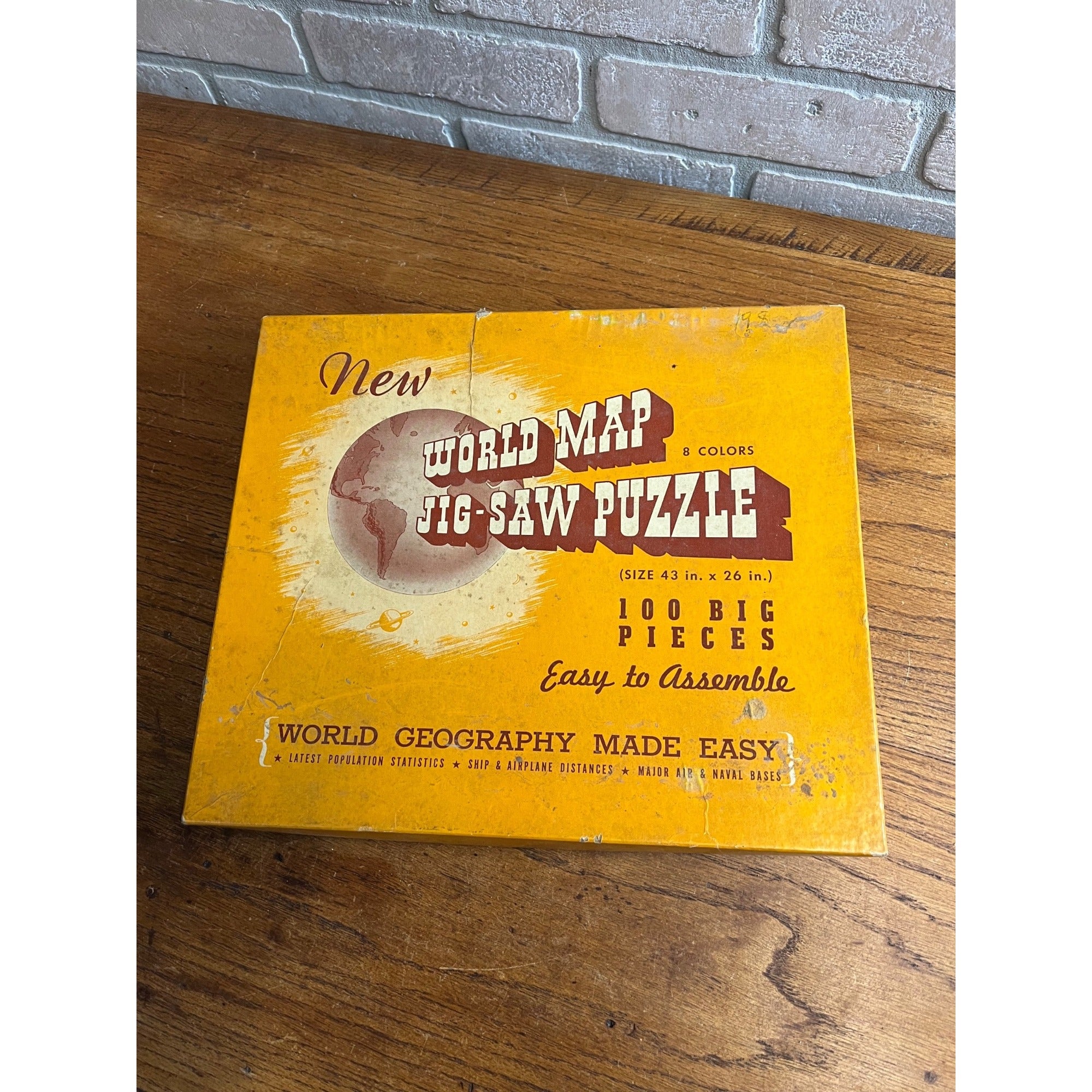 Vintage 1940s World Map Puzzle US Finishing & Mfg Co 100 BIG Pieces Geography