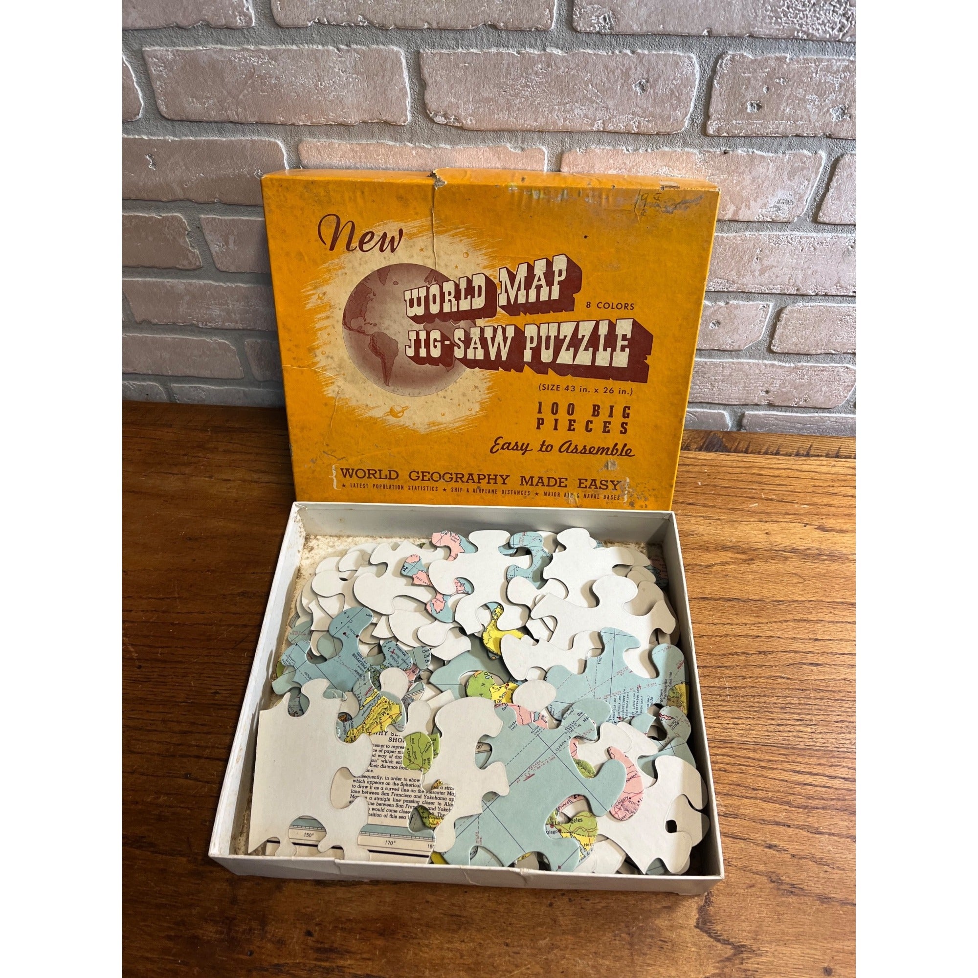 Vintage 1940s World Map Puzzle US Finishing & Mfg Co 100 BIG Pieces Geography