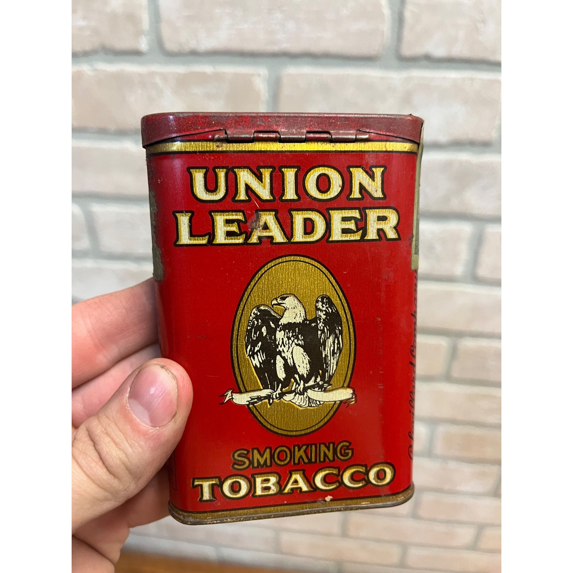 Vintage Union Leader Tobacco Tin Empty Vertical Pocket Pipe Mixture Can