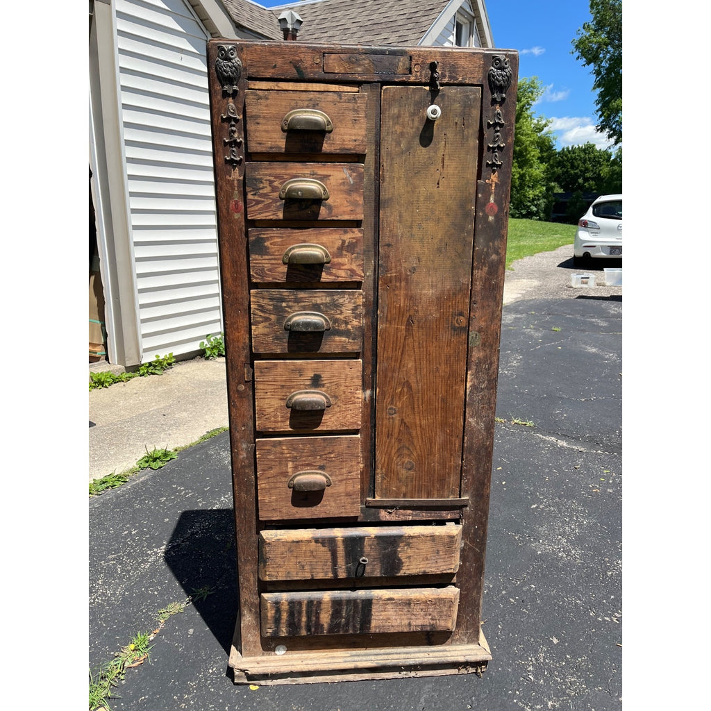Antique Primitive Folk Art Owl Cabinet Repurposed Mills Owl Slot Machine Tool Chest