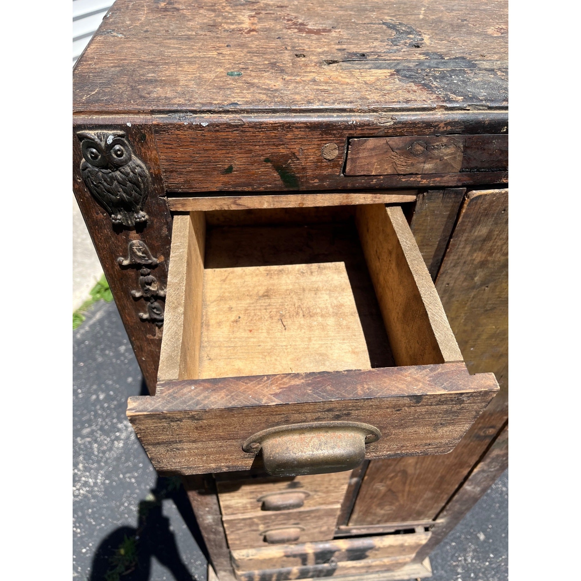 Antique Primitive Folk Art Owl Cabinet Repurposed Mills Owl Slot Machine Tool Chest