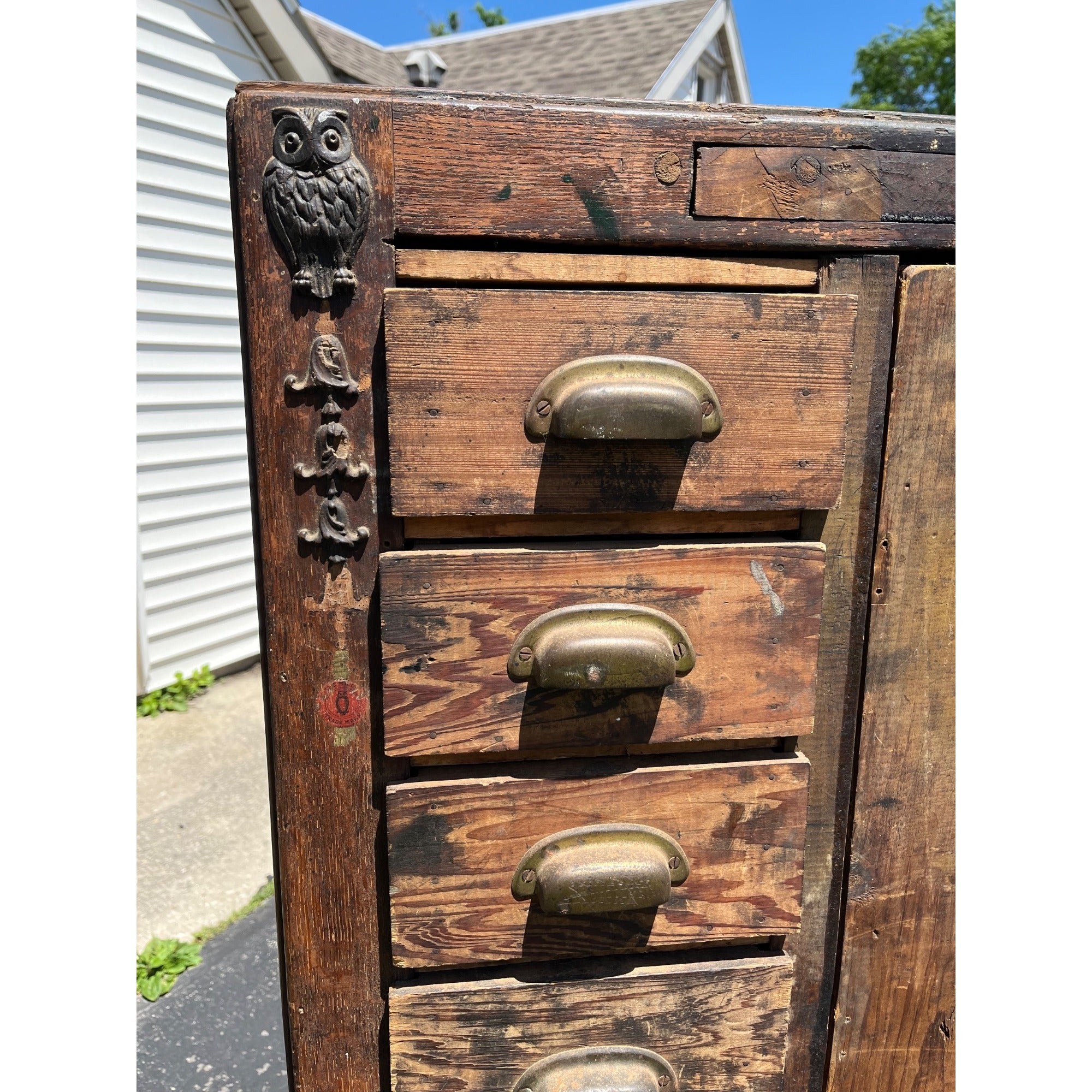 Antique Primitive Folk Art Owl Cabinet Repurposed Mills Owl Slot Machine Tool Chest