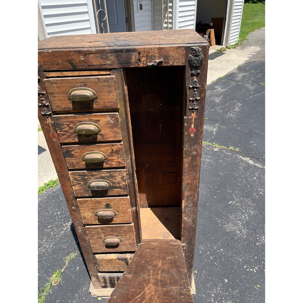 Antique Primitive Folk Art Owl Cabinet Repurposed Mills Owl Slot Machine Tool Chest