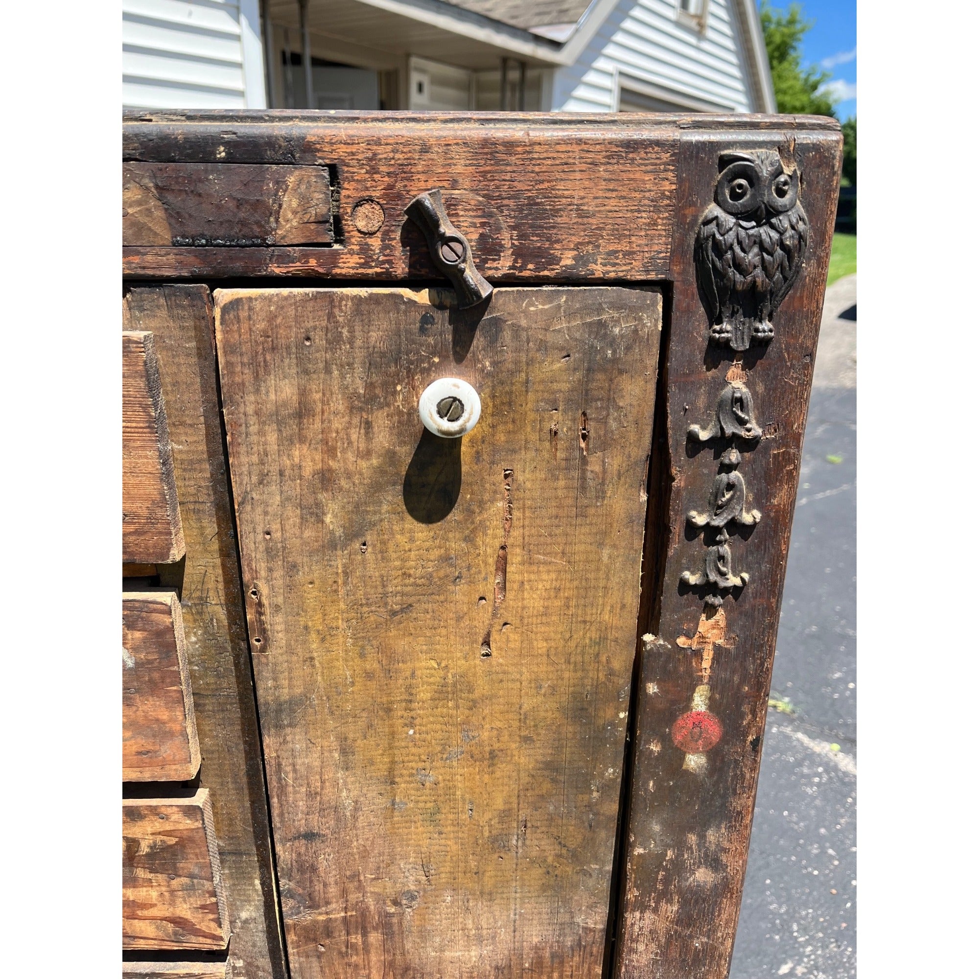 Antique Primitive Folk Art Owl Cabinet Repurposed Mills Owl Slot Machine Tool Chest