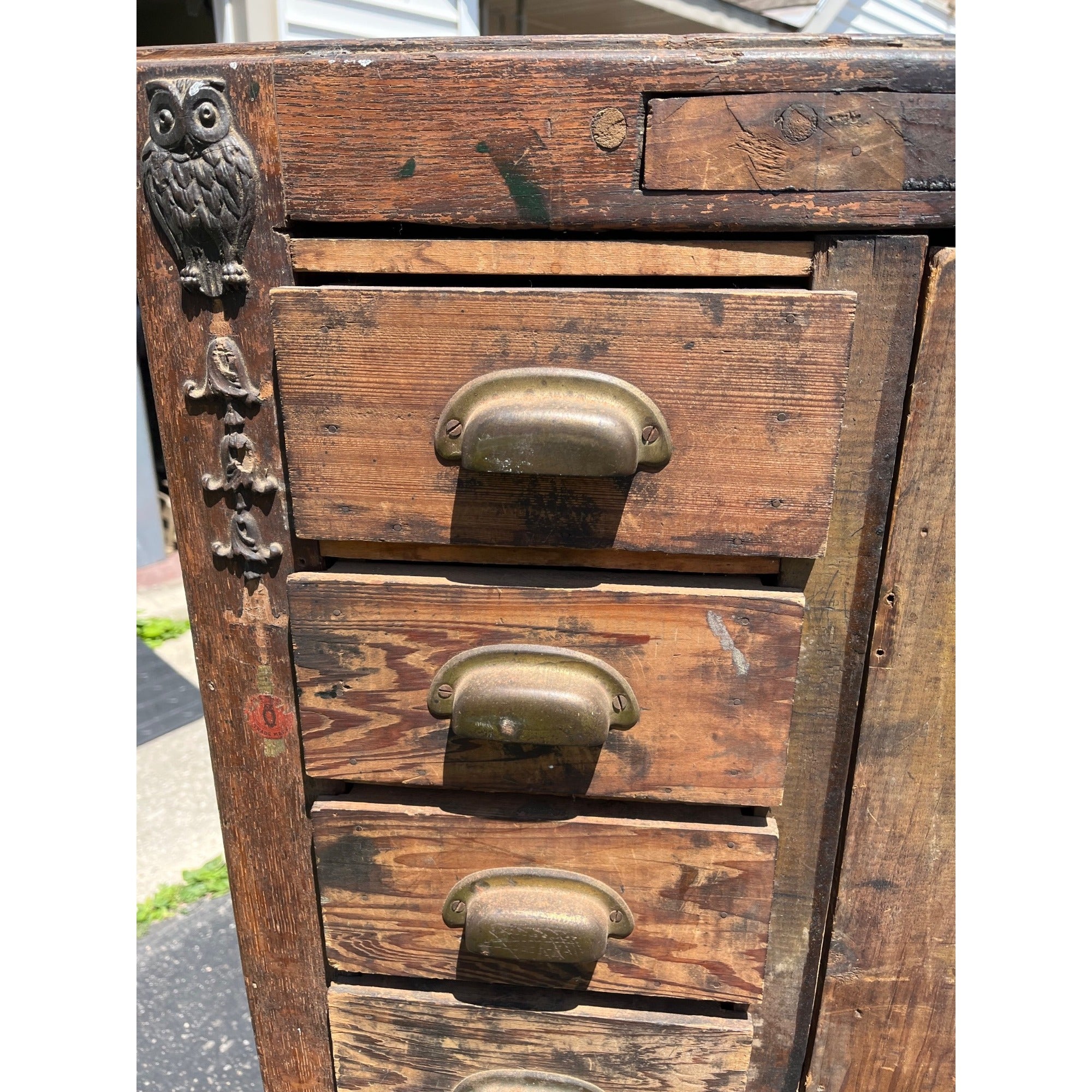 Antique Primitive Folk Art Owl Cabinet Repurposed Mills Owl Slot Machine Tool Chest