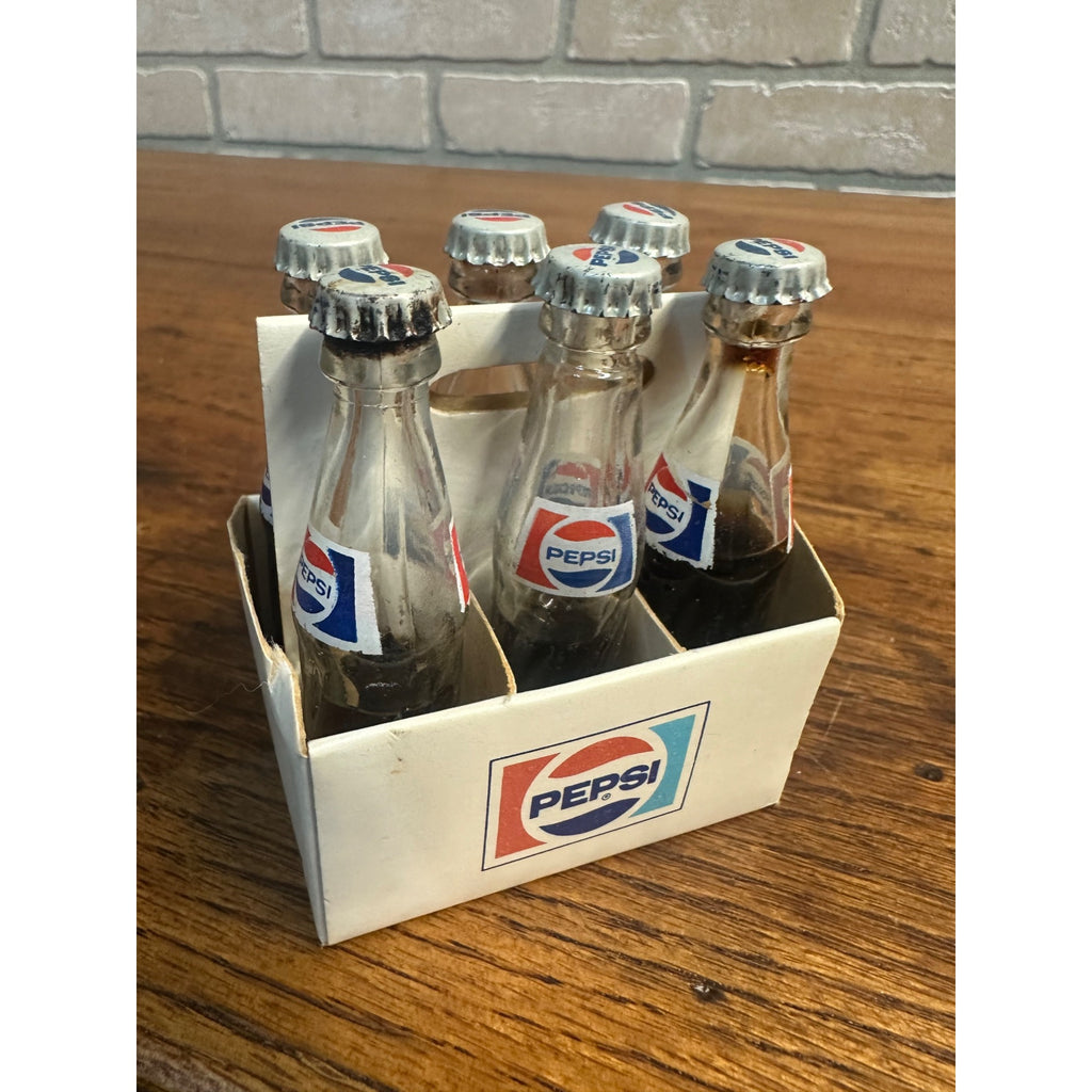 Vintage Pepsi Cola Miniature 6 Pack Bottle Carrier w/ 6 Full Glass Bottles & Caps