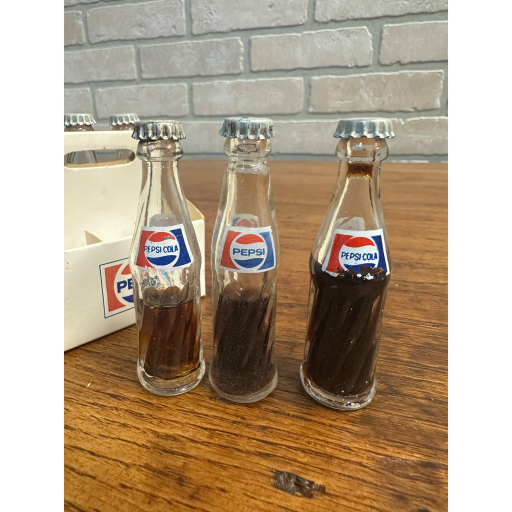 Vintage Pepsi Cola Miniature 6 Pack Bottle Carrier w/ 6 Full Glass Bottles & Caps