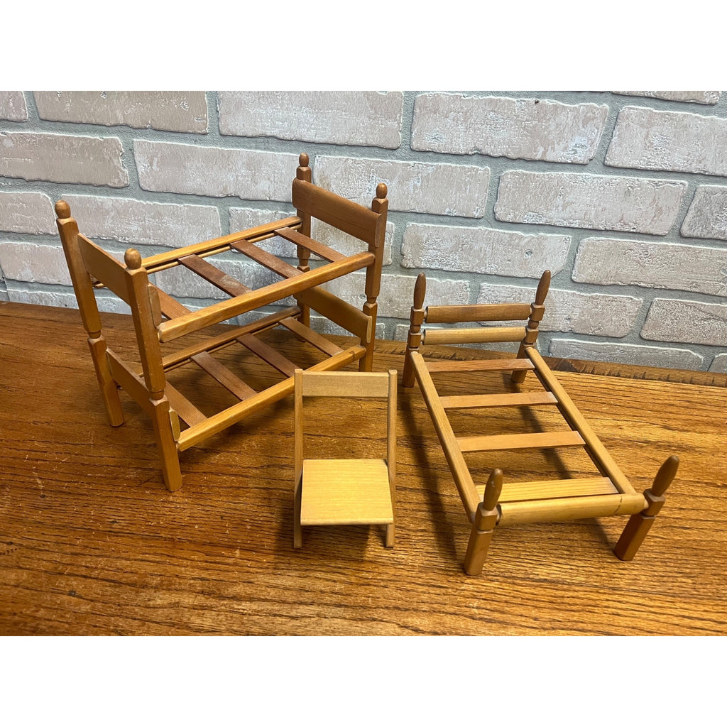 Vintage Strombecker Wooden Doll Furniture Lot Bunk Bed, Single Bed, & Chair