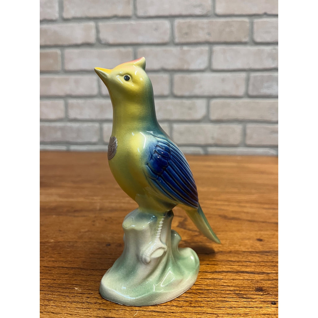 Vintage MCM Royal Copley Blue Skylark On Tree Stump Figurine