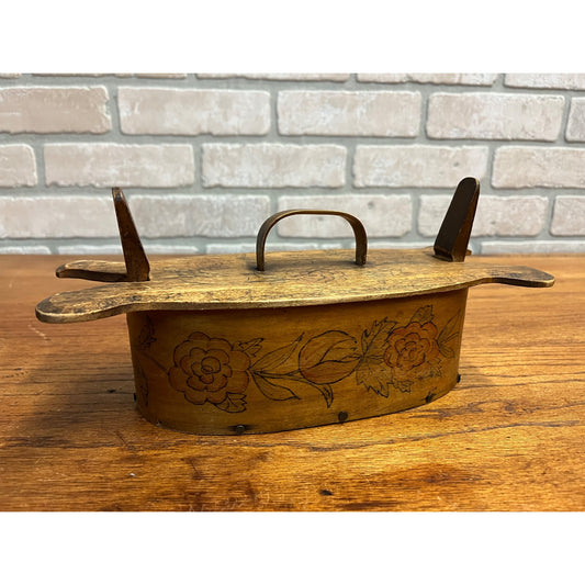 Antique Primitive 1902 Norwegian Butter Box Bentwood 11" Tine Floral Painted