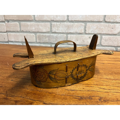 Antique Primitive 1902 Norwegian Butter Box Bentwood 11" Tine Floral Painted