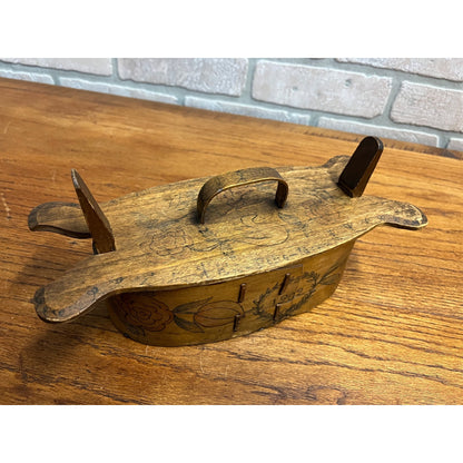 Antique Primitive 1902 Norwegian Butter Box Bentwood 11" Tine Floral Painted