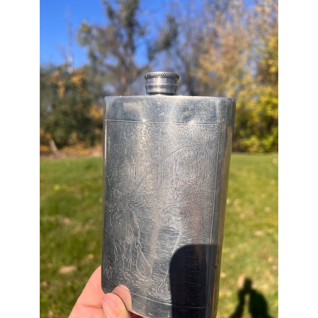 Orvis Sheffield England 8oz Etched Pewter Flask Fly Fishing Theme