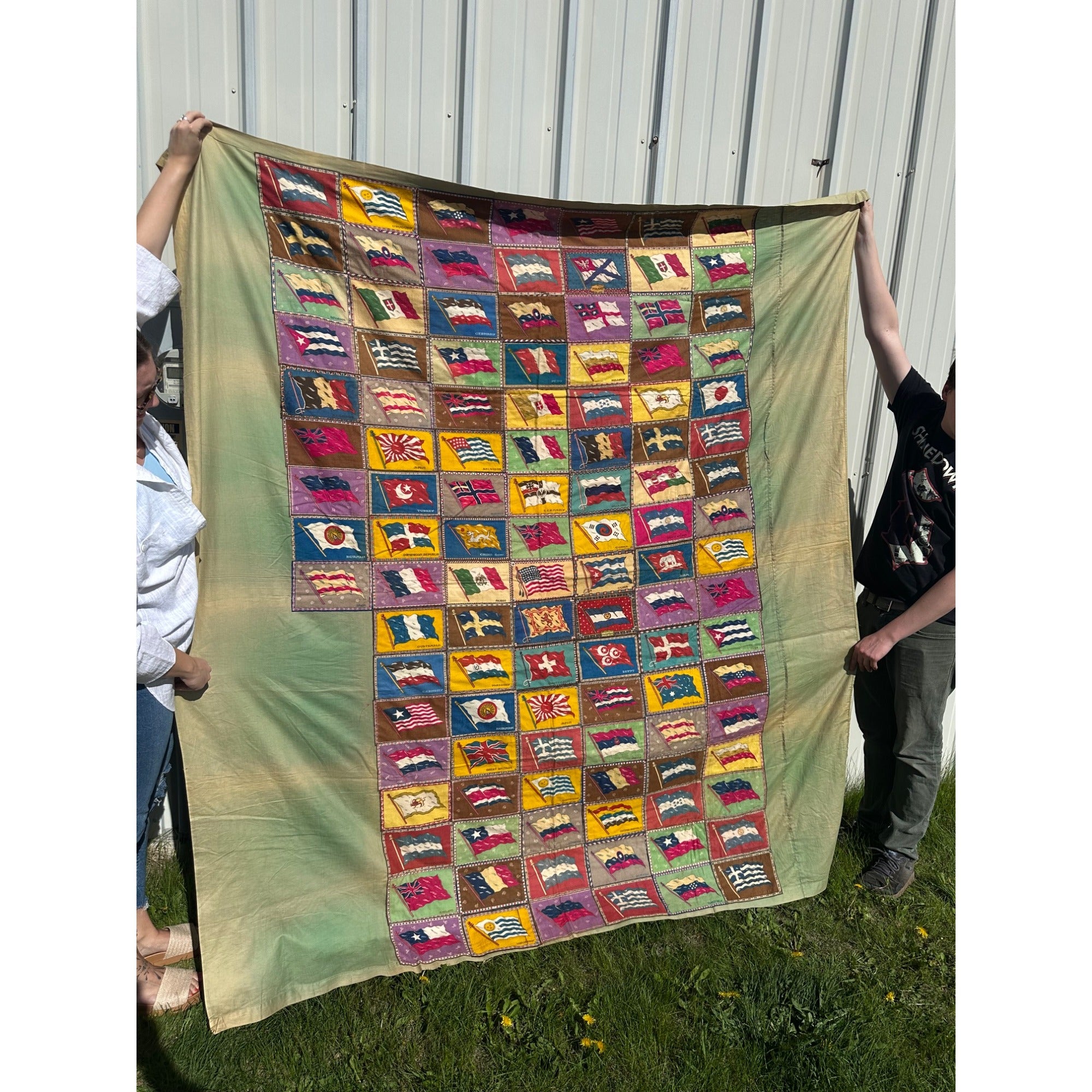 RARE Antique Handmade Tobacco Felt Country Flags Quilt Folk Art Americana
