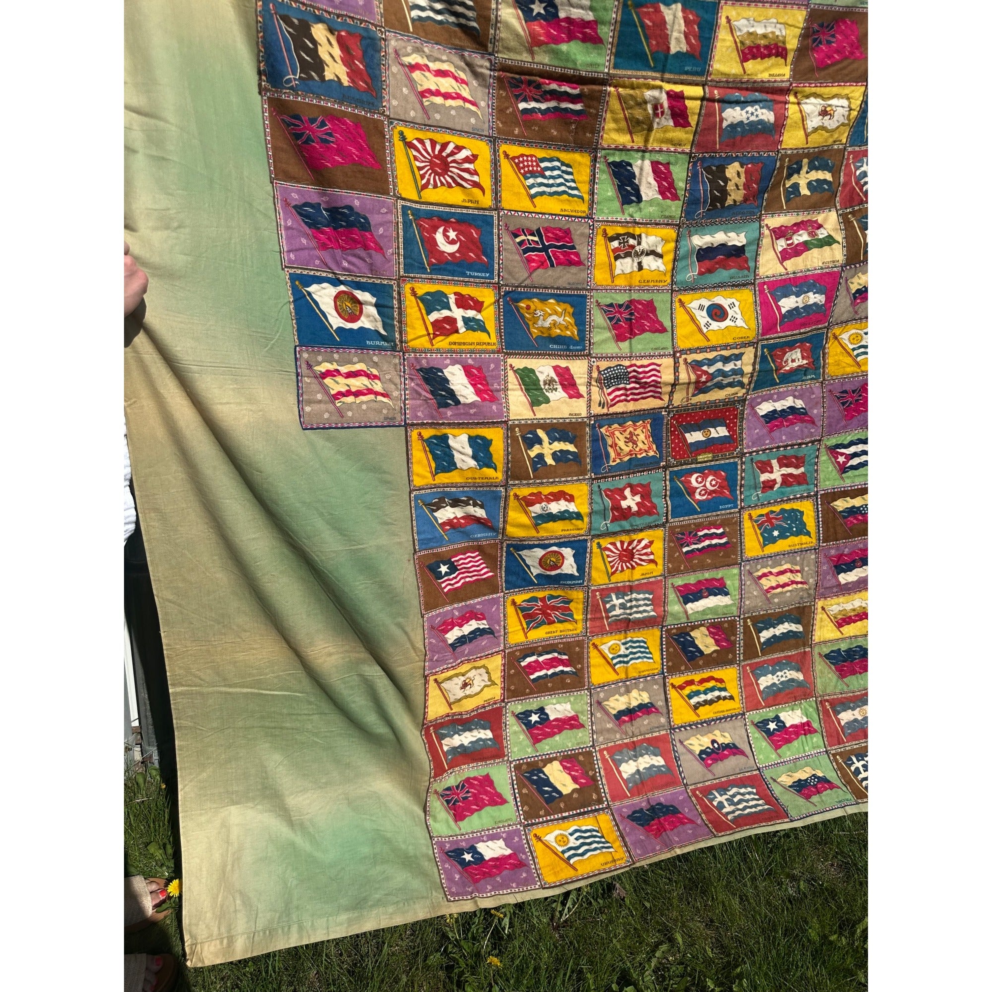 RARE Antique Handmade Tobacco Felt Country Flags Quilt Folk Art Americana