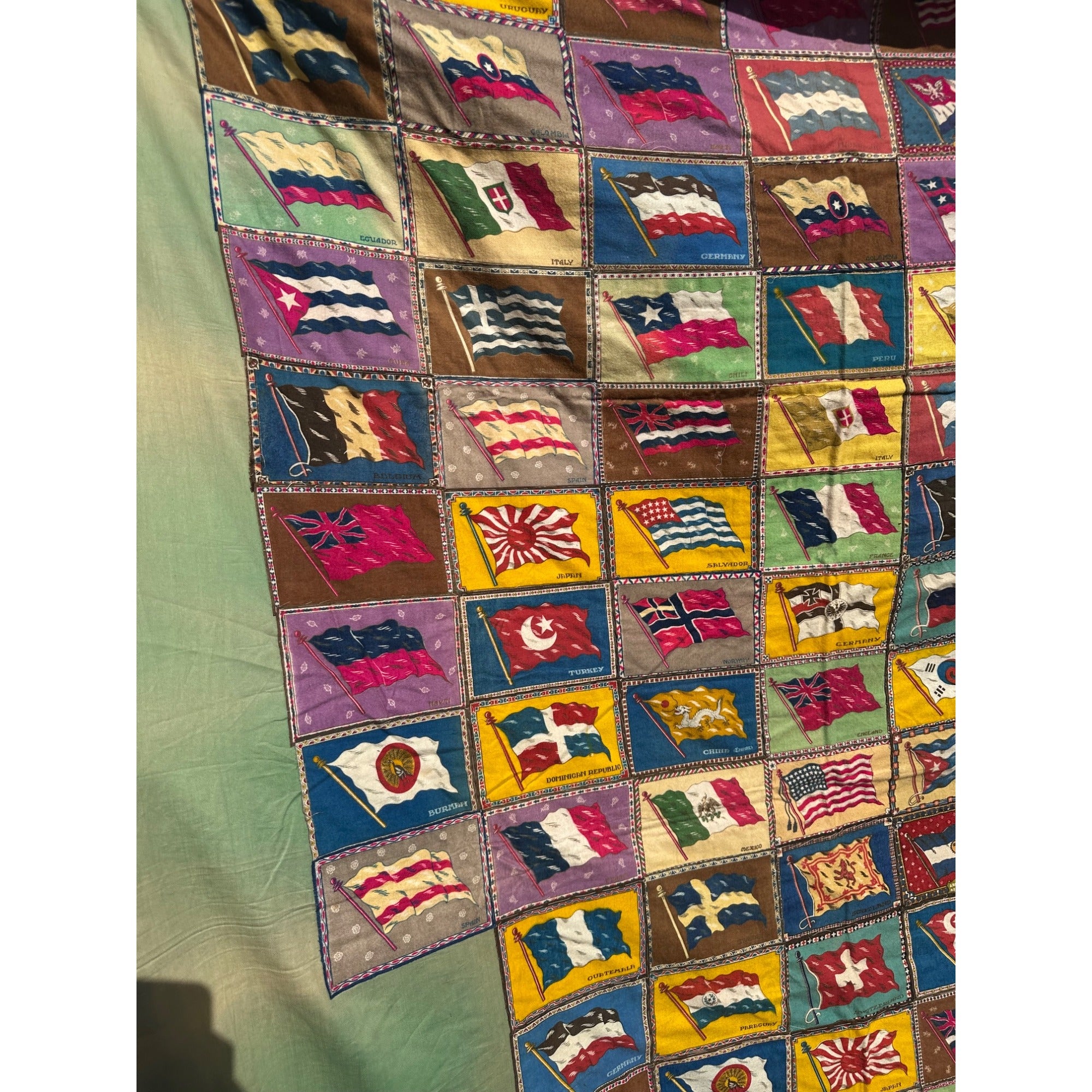 RARE Antique Handmade Tobacco Felt Country Flags Quilt Folk Art Americana