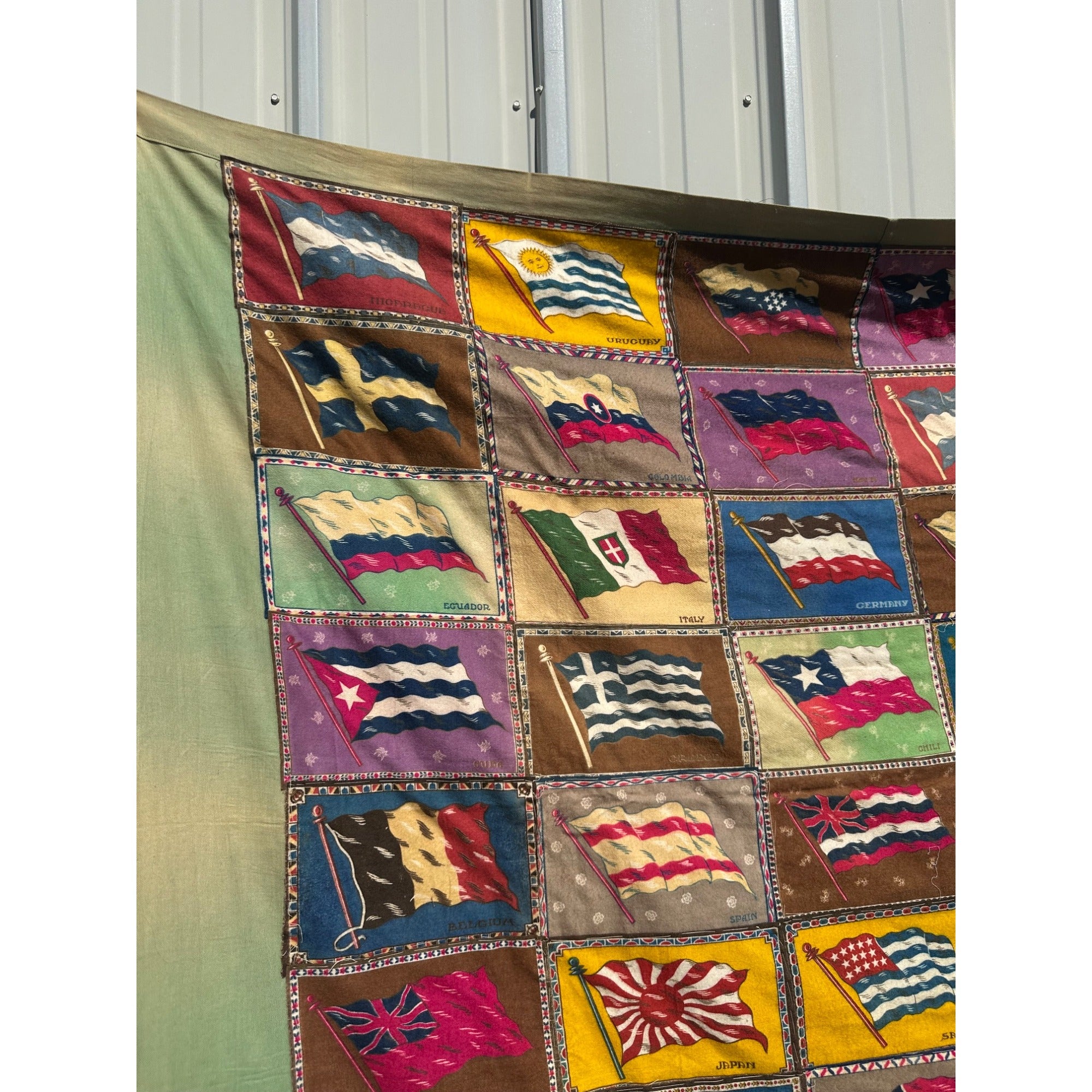 RARE Antique Handmade Tobacco Felt Country Flags Quilt Folk Art Americana