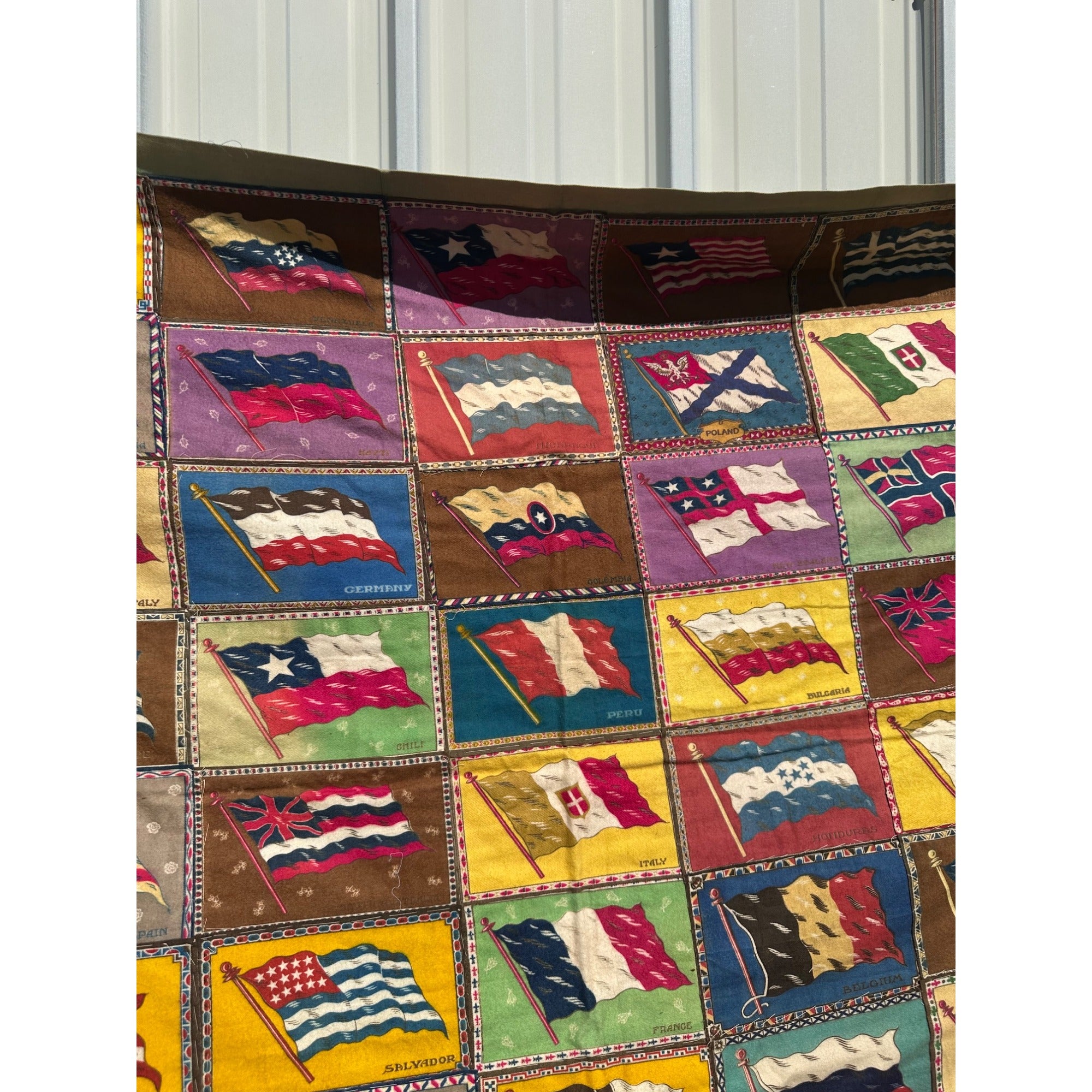 RARE Antique Handmade Tobacco Felt Country Flags Quilt Folk Art Americana