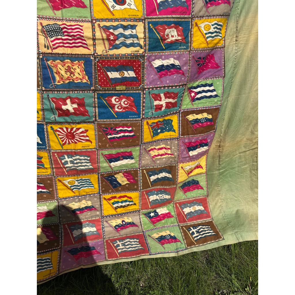 RARE Antique Handmade Tobacco Felt Country Flags Quilt Folk Art Americana