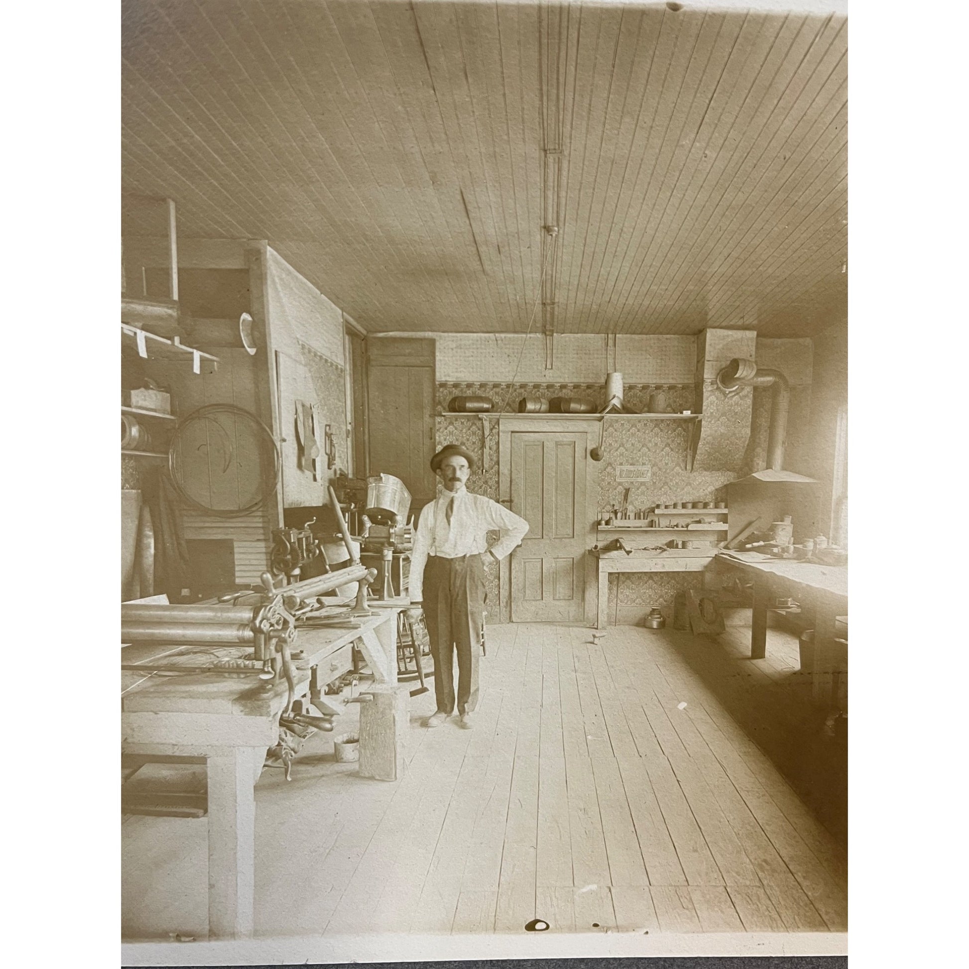 Rare Antique Cabinet Real Photo Interior Sheet Metal Furnace Duct Shop w/ Tools