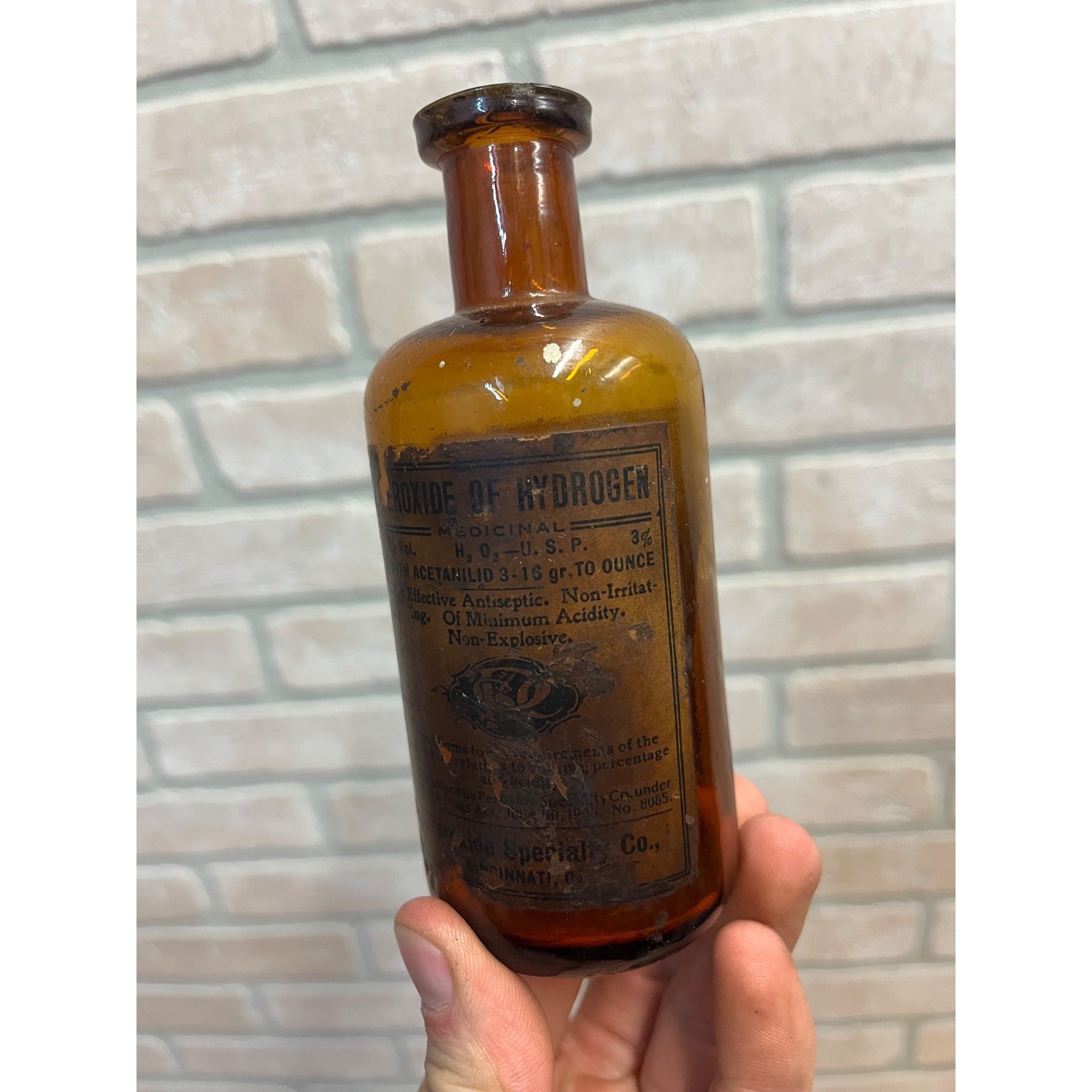 Vintage Apothecary Amber Peroxide of Hydrogen Bottle Peroxide Specialty Co.
