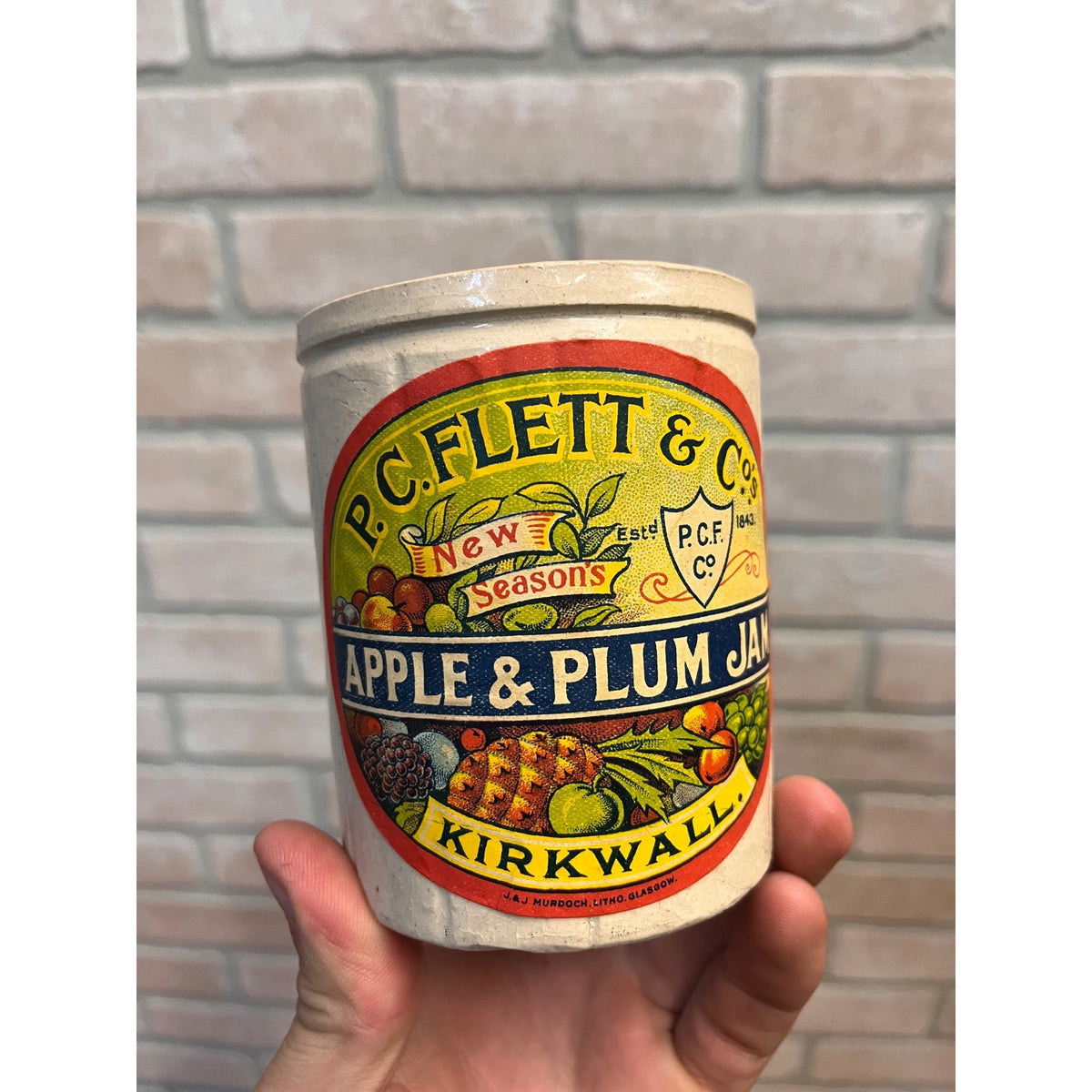 Antique P.C. Flett & Co Apple Plum Jam Stoneware Crock Jar Scotland Primitive Farmhouse