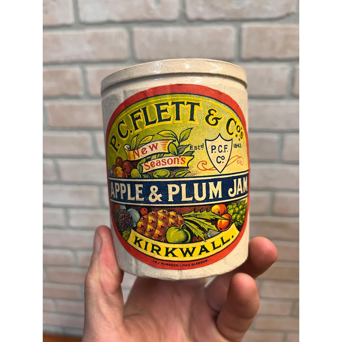Antique P.C. Flett & Co Apple Plum Jam Stoneware Crock Jar Scotland Primitive Farmhouse