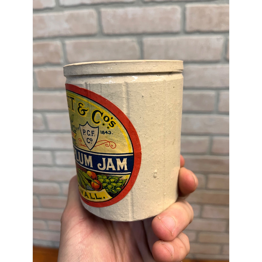Antique P.C. Flett & Co Apple Plum Jam Stoneware Crock Jar Scotland Primitive Farmhouse