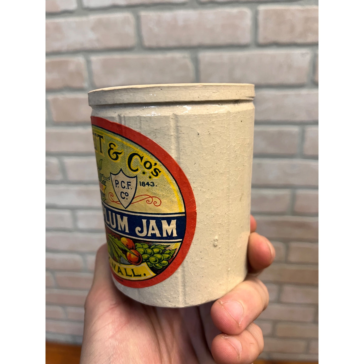 Antique P.C. Flett & Co Apple Plum Jam Stoneware Crock Jar Scotland Primitive Farmhouse