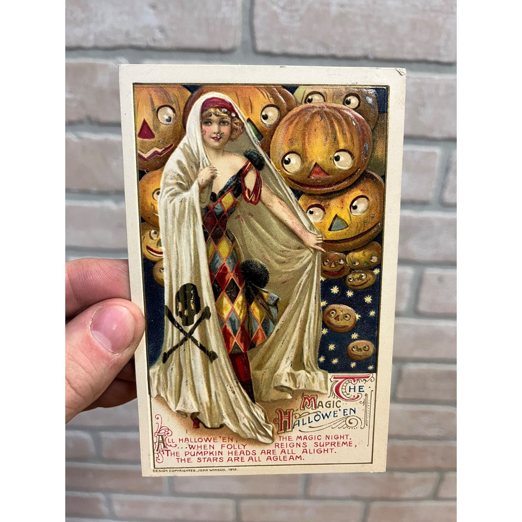 RARE Vintage Halloween Postcard 1912 Winsch Magic Skull & Bones Floating JOLs