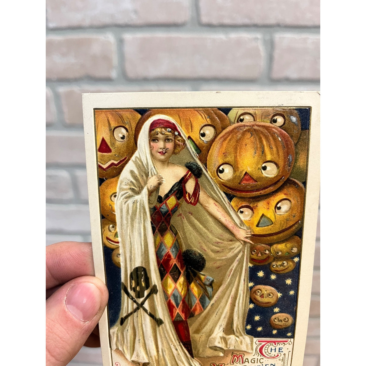 RARE Vintage Halloween Postcard 1912 Winsch Magic Skull & Bones Floating JOLs