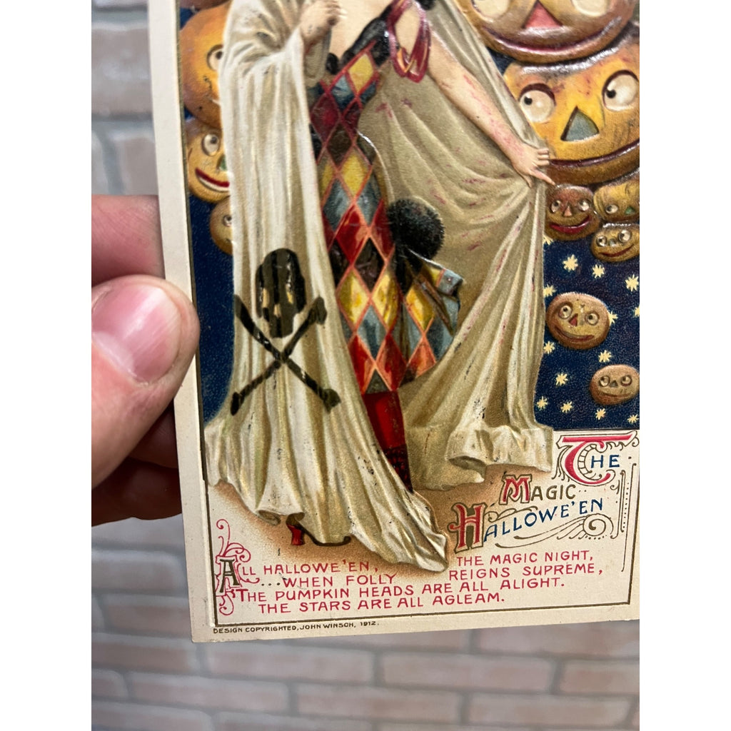 RARE Vintage Halloween Postcard 1912 Winsch Magic Skull & Bones Floating JOLs