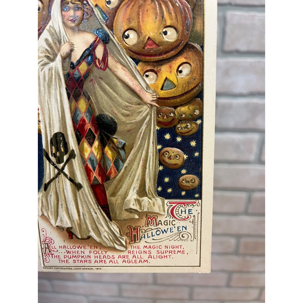 RARE Vintage Halloween Postcard 1912 Winsch Magic Skull & Bones Floating JOLs