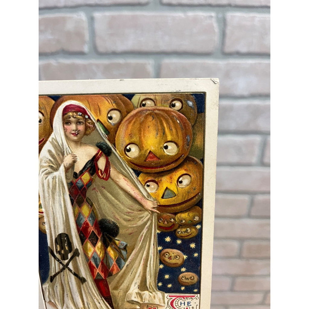 RARE Vintage Halloween Postcard 1912 Winsch Magic Skull & Bones Floating JOLs