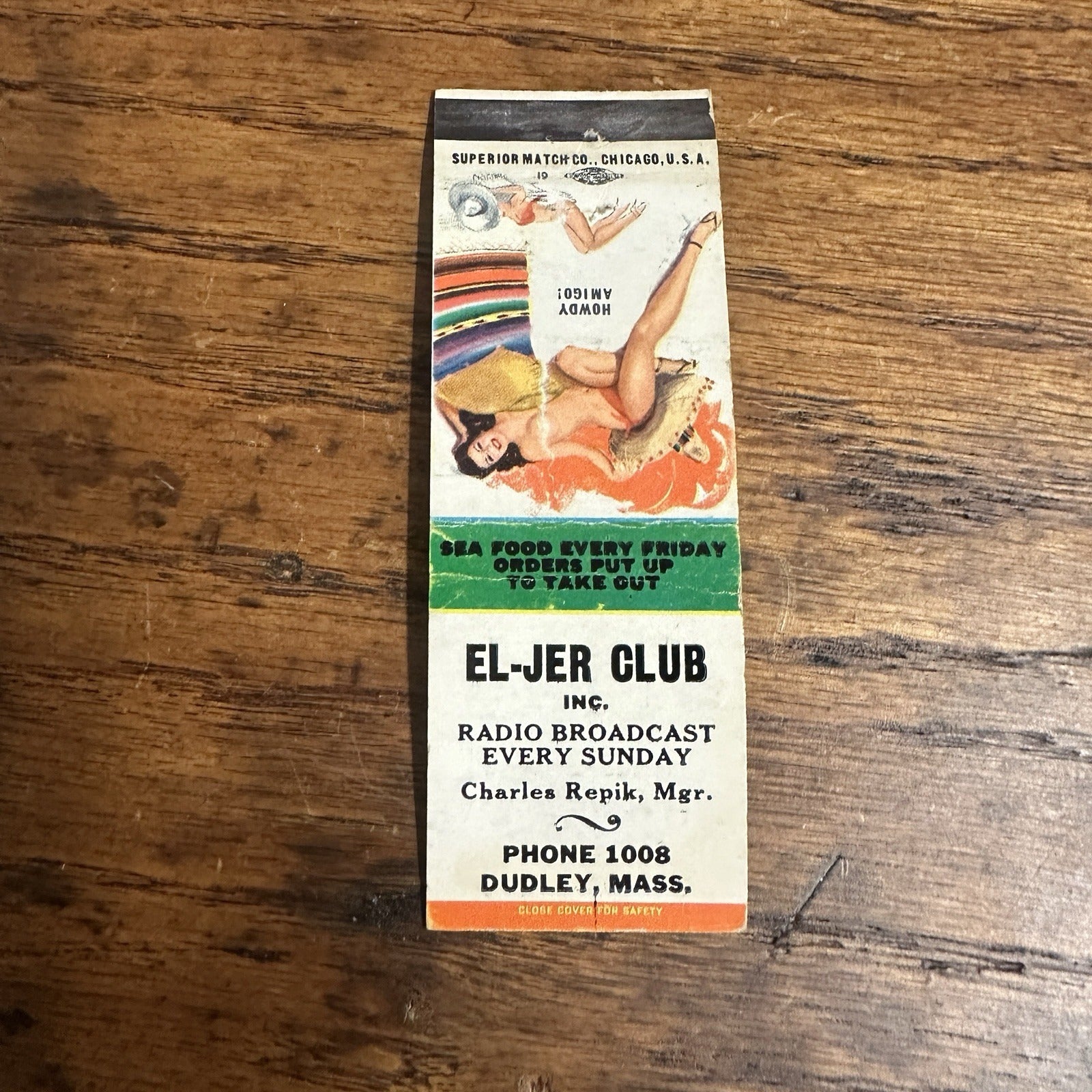 1940s 1950s Pinup Girl Girlie Matchbook Cover El-Jer Club Dudley Mass