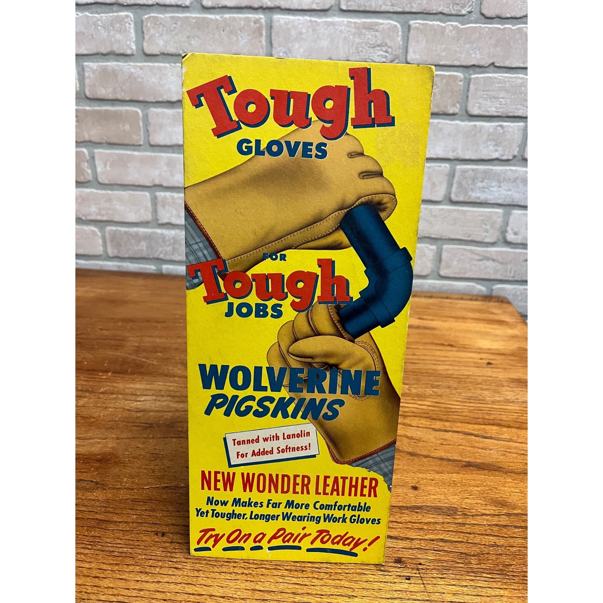 Vintage 1950s Wolverine Pigskin Work Gloves Store Advertising Display Sign