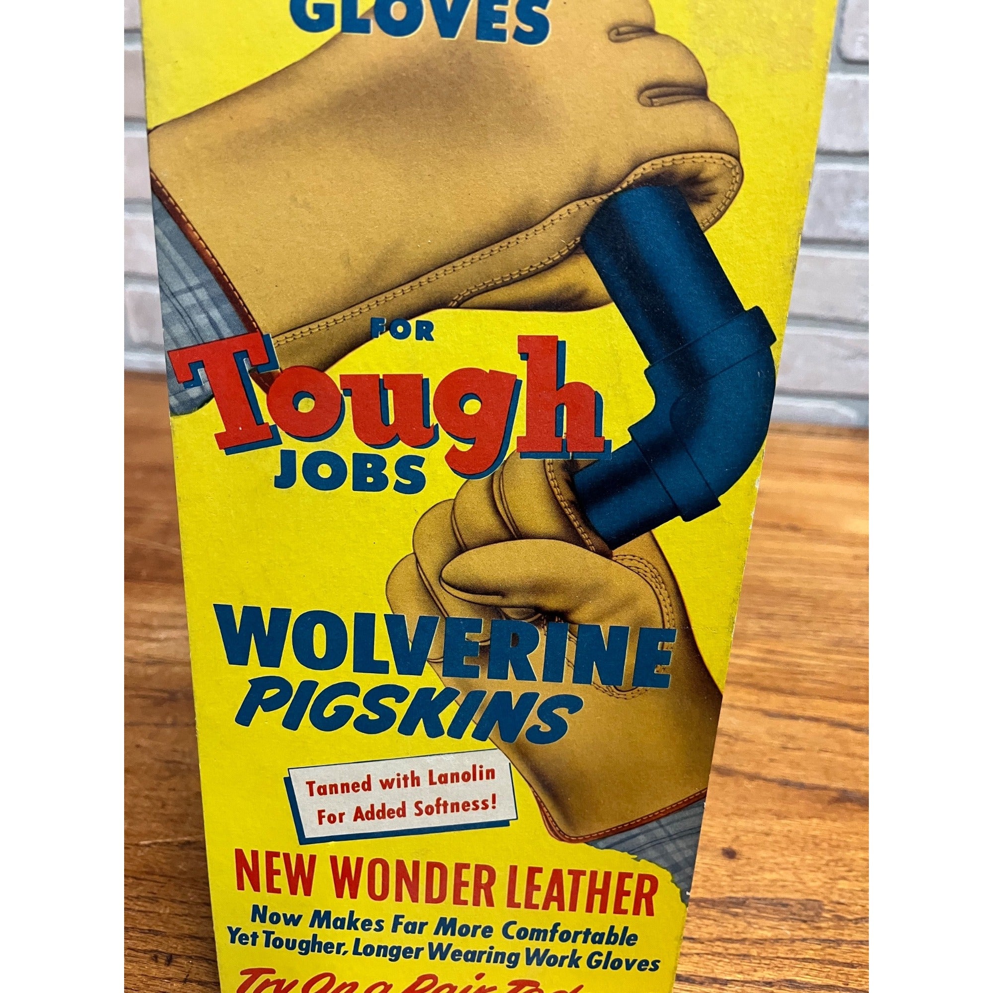Vintage 1950s Wolverine Pigskin Work Gloves Store Advertising Display Sign