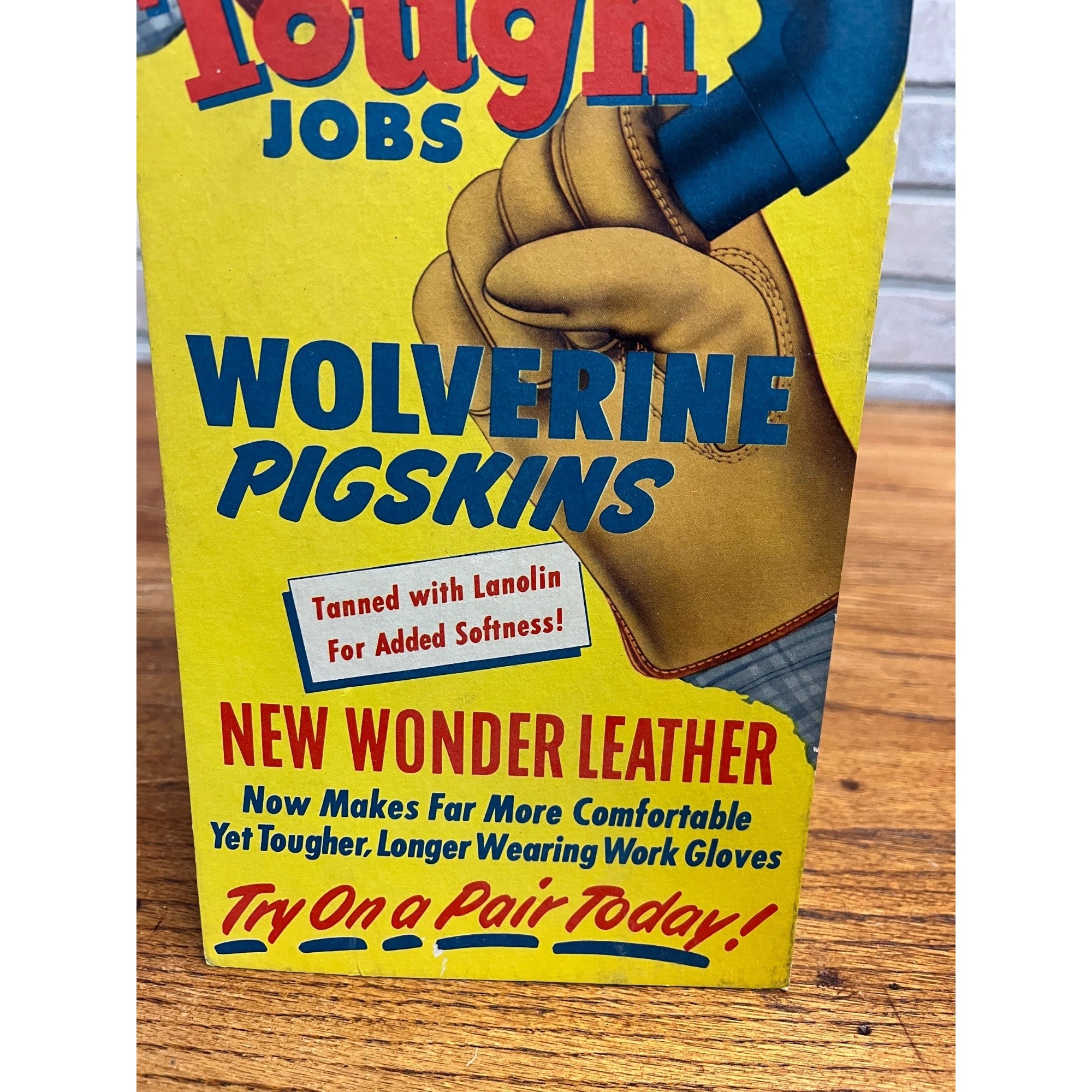 Vintage 1950s Wolverine Pigskin Work Gloves Store Advertising Display Sign