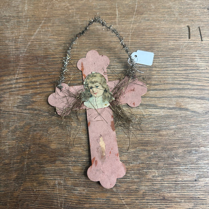 Antique German Victorian Cross Girl Scrap Ornament Christmas Tinsel