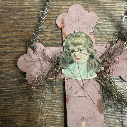 Antique German Victorian Cross Girl Scrap Ornament Christmas Tinsel