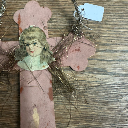 Antique German Victorian Cross Girl Scrap Ornament Christmas Tinsel